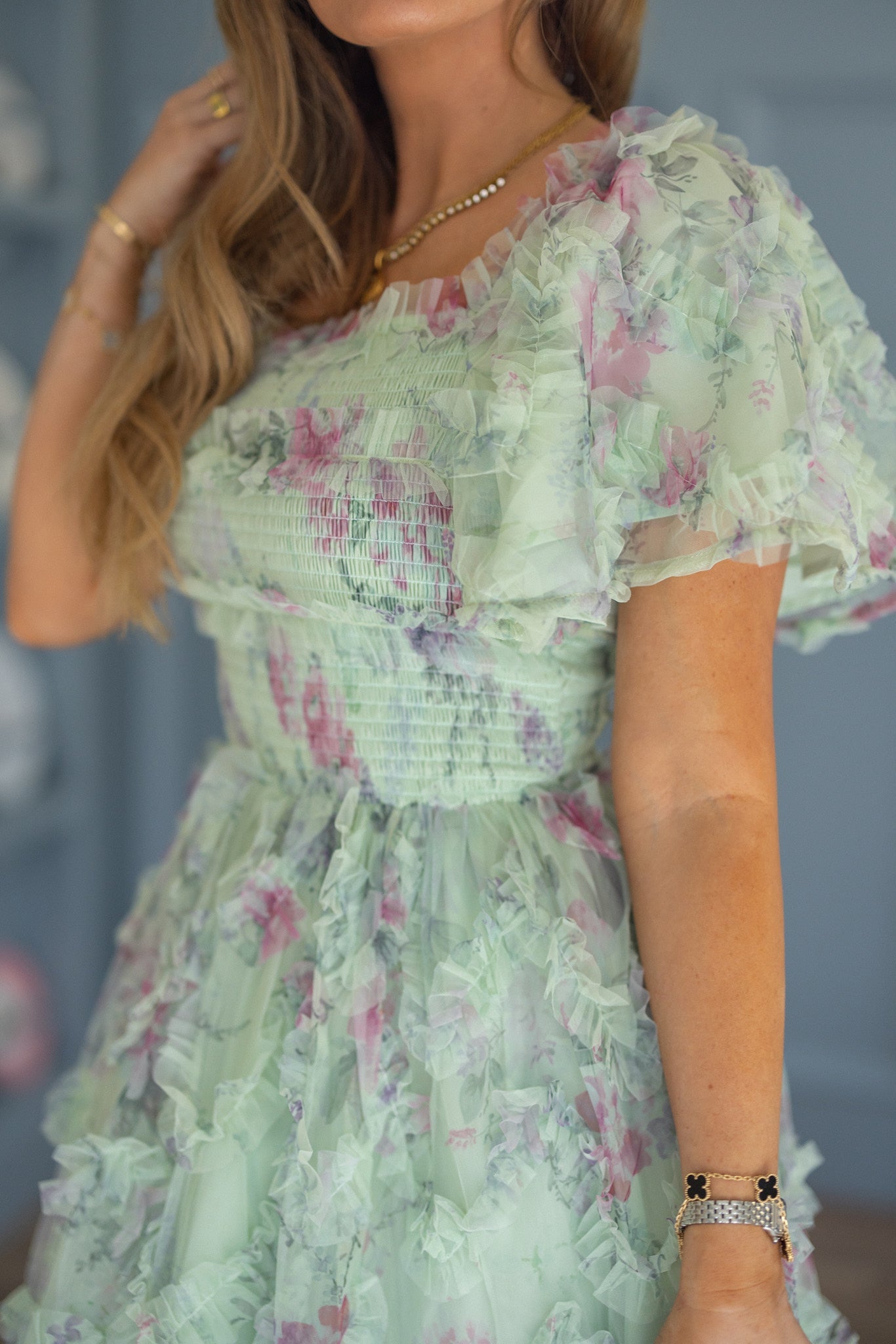 Florentina Short Dress in Pistachio Aquarelle Fleur