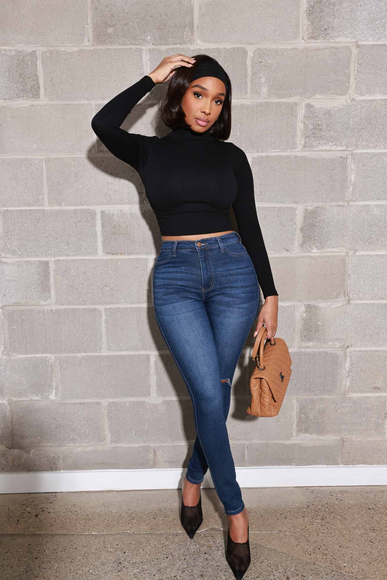 Wind It Up Cellulite Deleter Turtleneck Cropped Top - Black