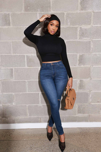 Wind It Up Cellulite Deleter Turtleneck Cropped Top - Black