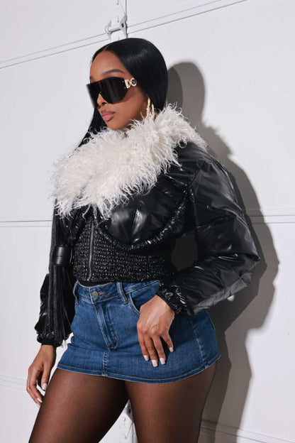 Final Touch Faux Fur Bomber Jacket - Black