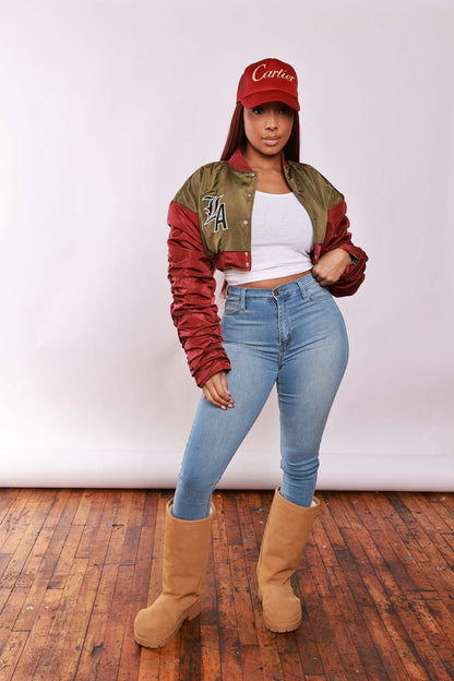 She Won Cropped Bomber Jacket - Olive/Burgundy