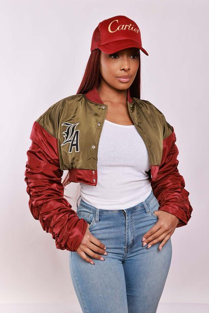 She Won Cropped Bomber Jacket - Olive/Burgundy