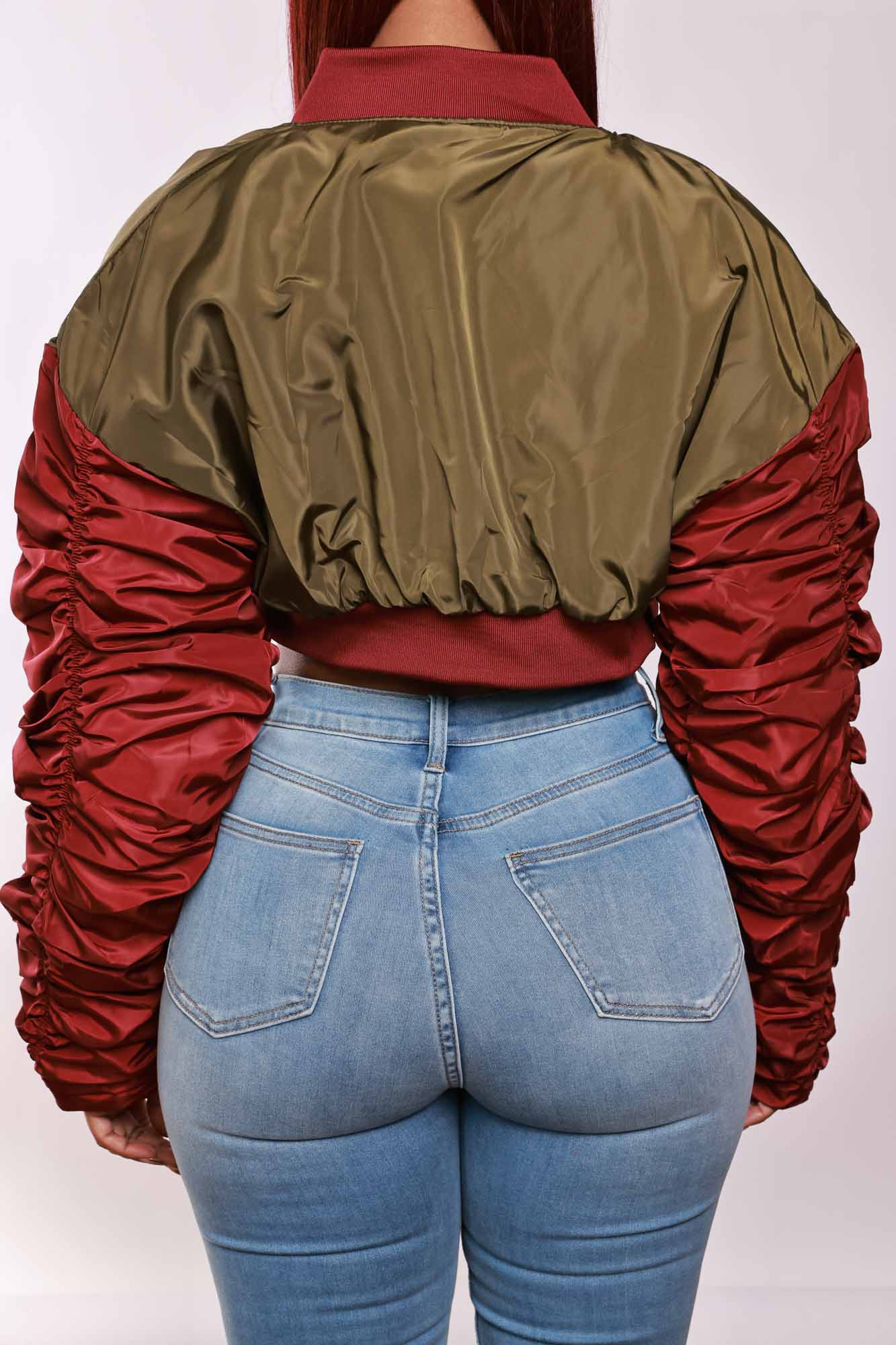 She Won Cropped Bomber Jacket - Olive/Burgundy