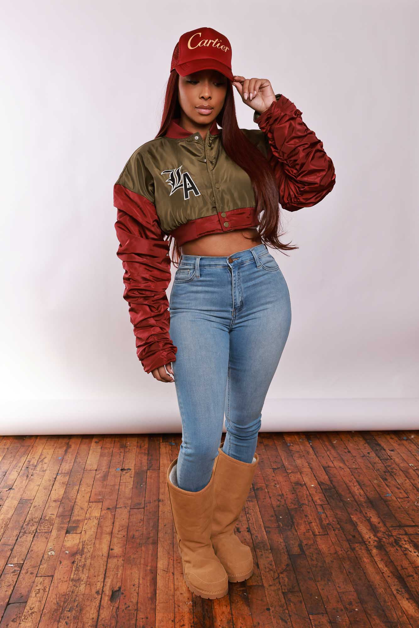 She Won Cropped Bomber Jacket - Olive/Burgundy