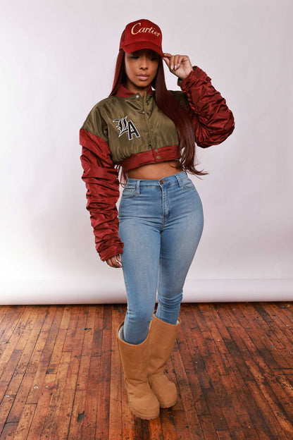 She Won Cropped Bomber Jacket - Olive/Burgundy
