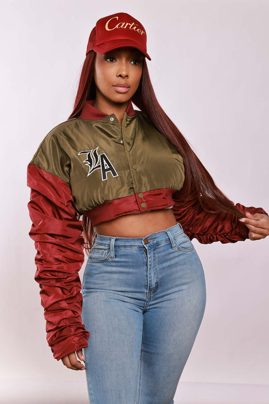 She Won Cropped Bomber Jacket - Olive/Burgundy