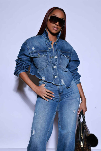 Rewind Distressed Cropped Denim Jacket - Medium Wash
