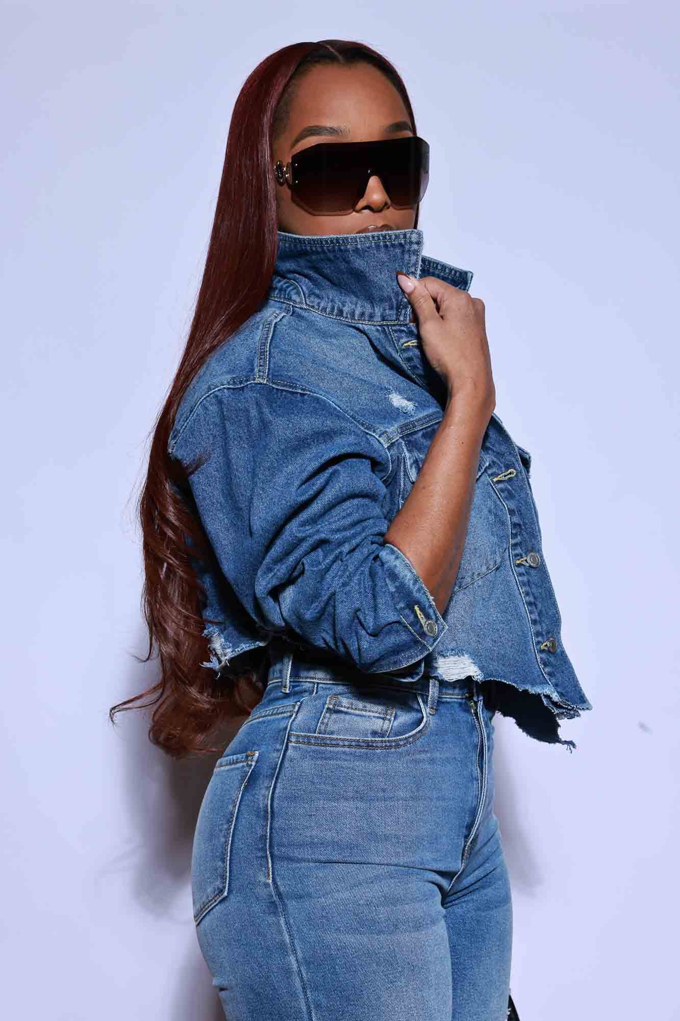 Rewind Distressed Cropped Denim Jacket - Medium Wash