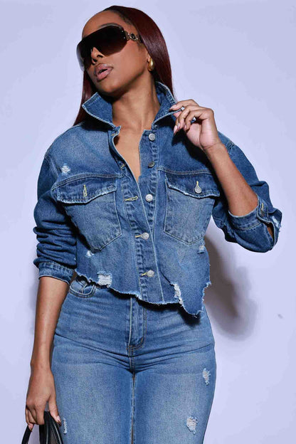 Rewind Distressed Cropped Denim Jacket - Medium Wash