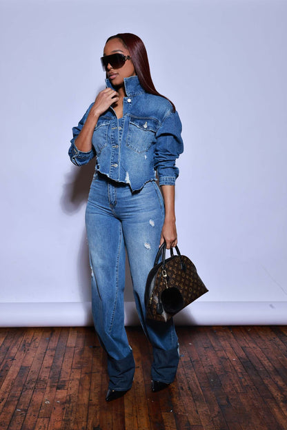 Rewind Distressed Cropped Denim Jacket - Medium Wash