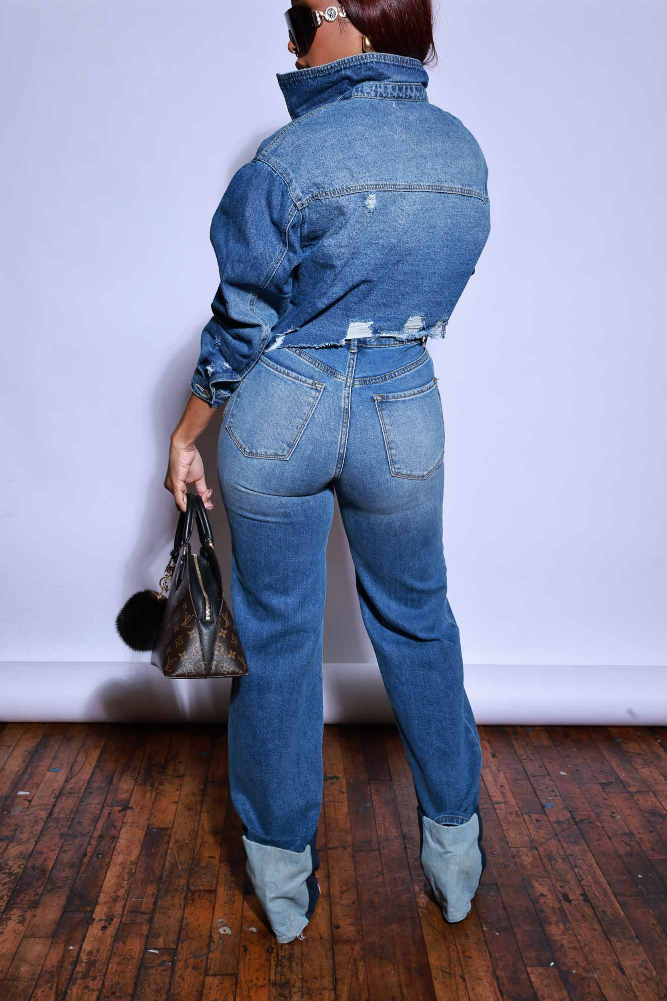 Rewind Distressed Cropped Denim Jacket - Medium Wash