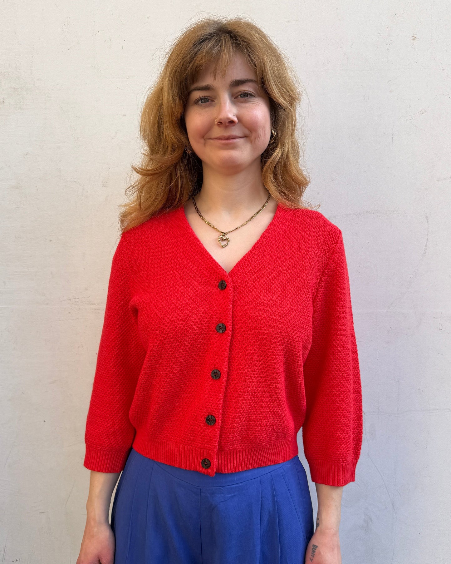Lowie Red Cotton Waffle Knit Cardigan
