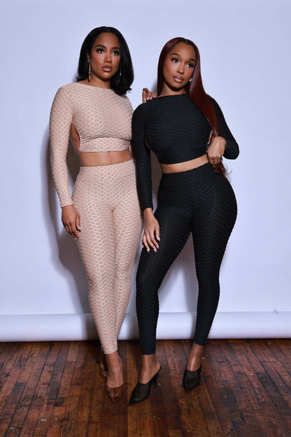 There She Go Open Back Long Sleeve Leggings Set - Black