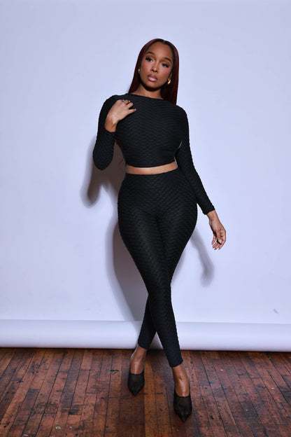 There She Go Open Back Long Sleeve Leggings Set - Black