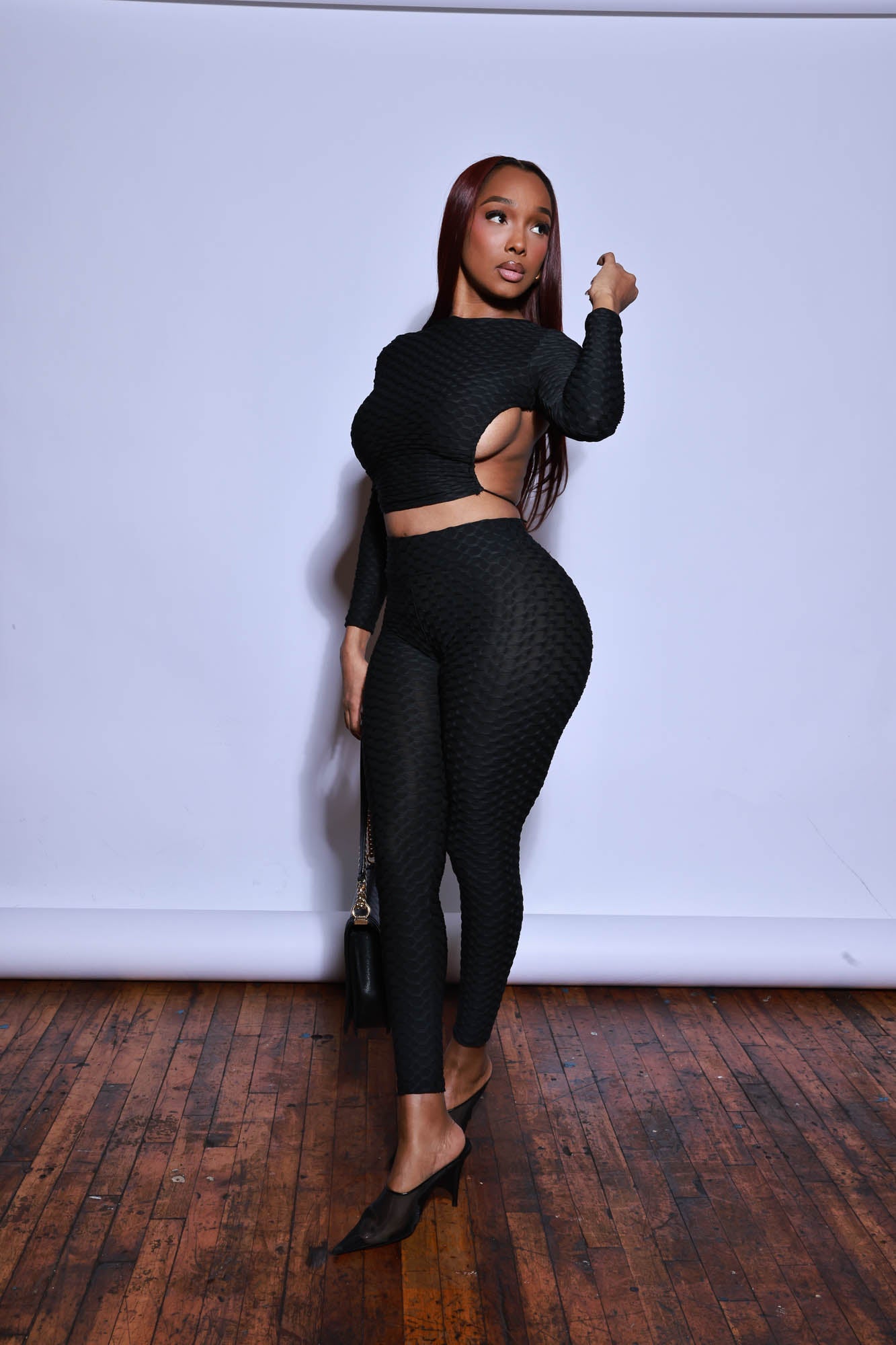 There She Go Open Back Long Sleeve Leggings Set - Black