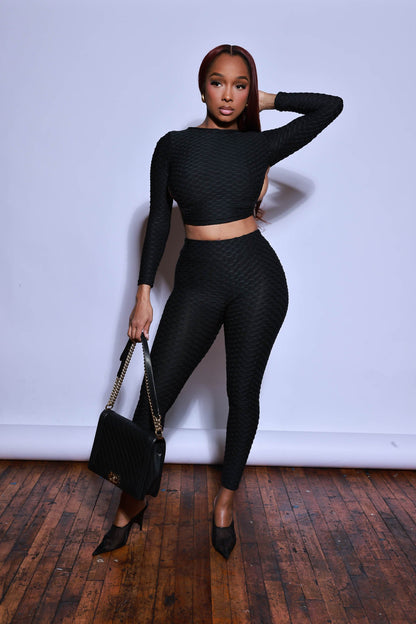 There She Go Open Back Long Sleeve Leggings Set - Black