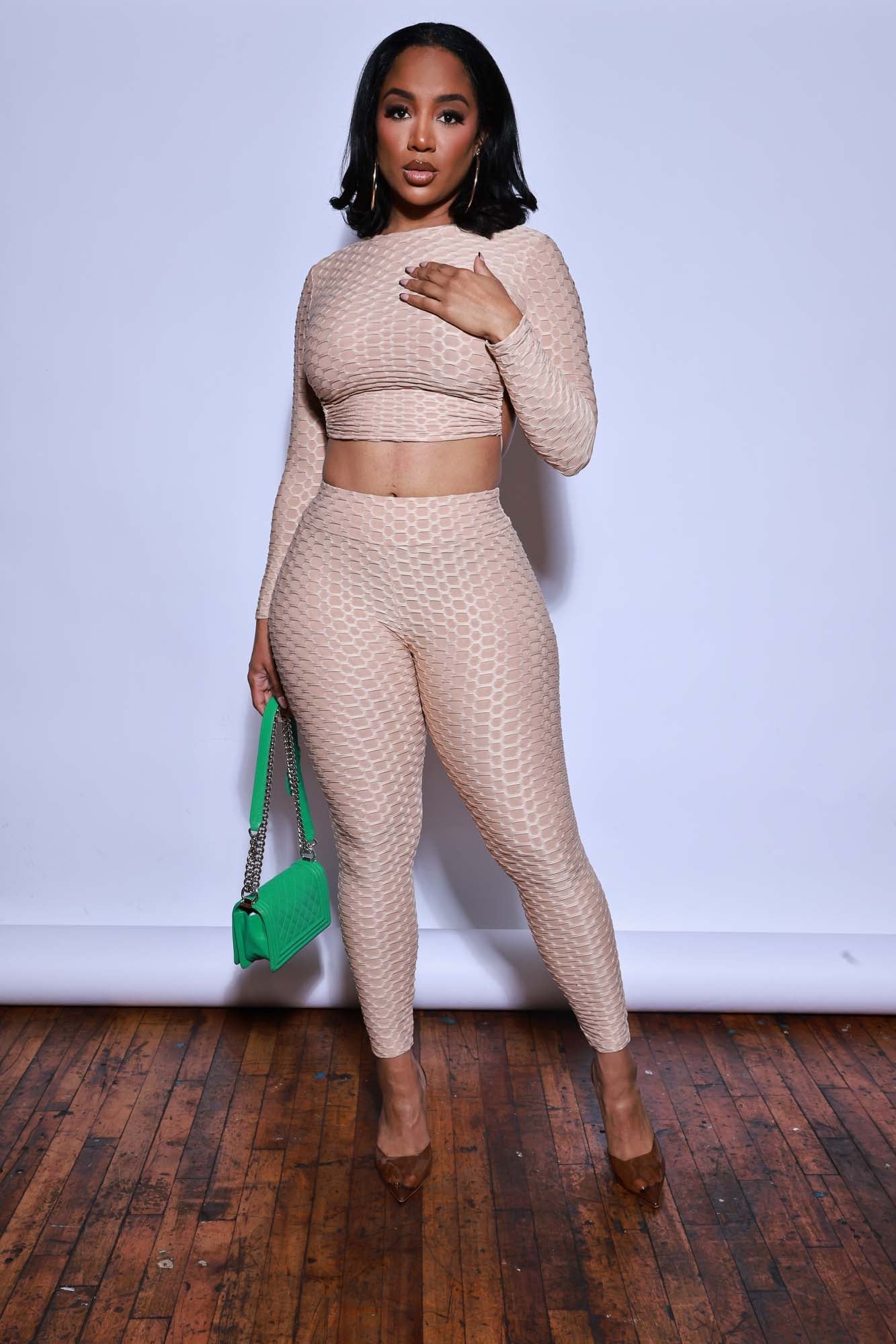 There She Go Open Back Long Sleeve Leggings Set - Mocha