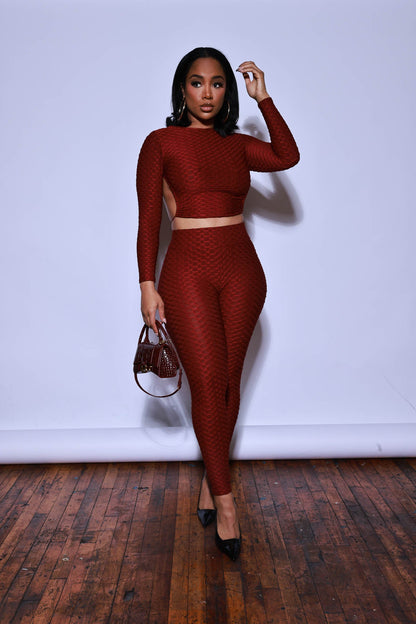 There She Go Open Back Long Sleeve Leggings Set - Wine