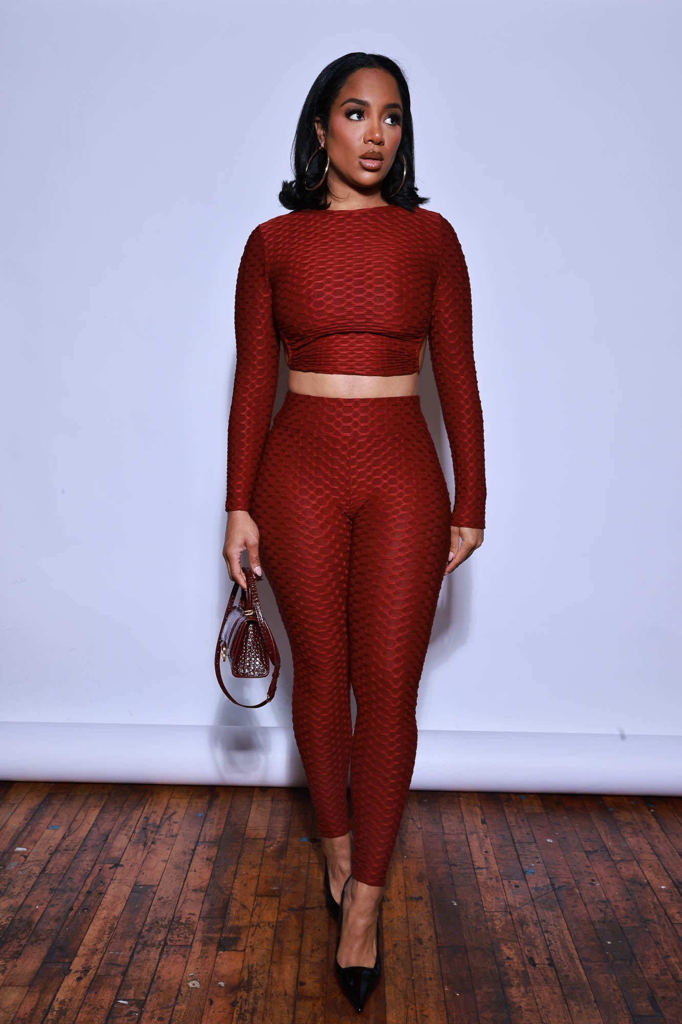 There She Go Open Back Long Sleeve Leggings Set - Wine