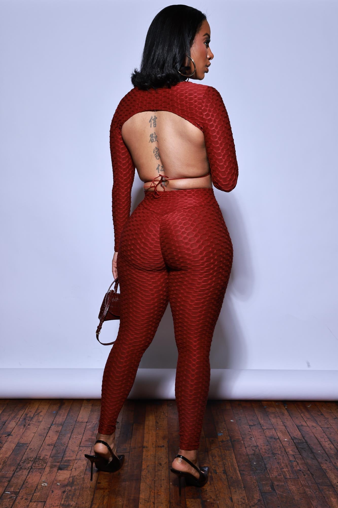 There She Go Open Back Long Sleeve Leggings Set - Wine