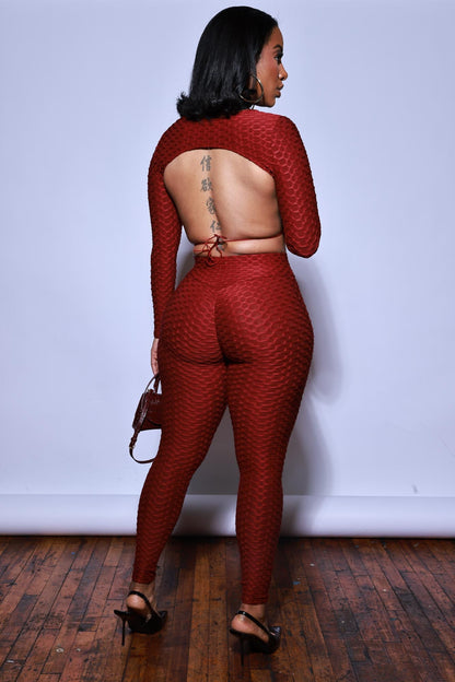 There She Go Open Back Long Sleeve Leggings Set - Wine