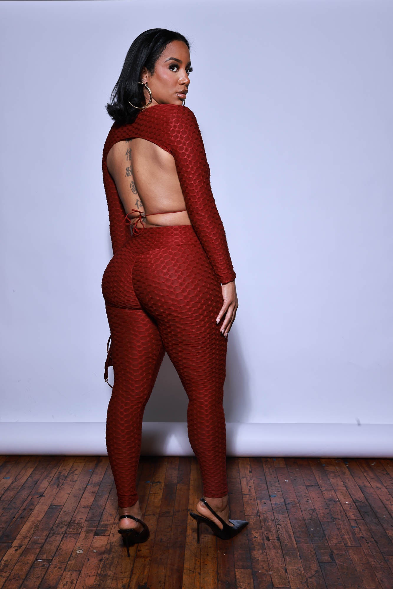There She Go Open Back Long Sleeve Leggings Set - Wine