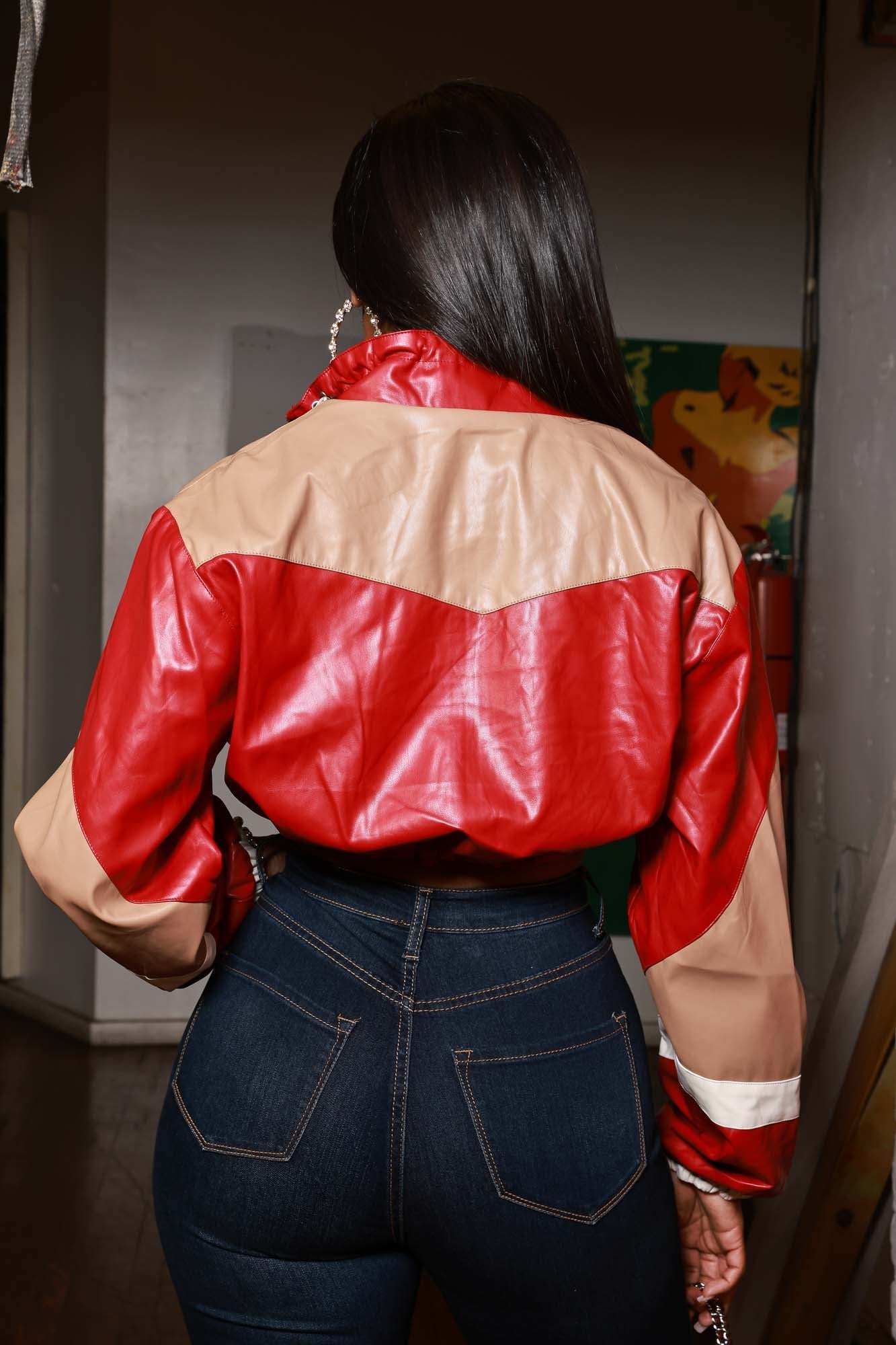Challenger Color Block Faux Leather Jacket - Burgundy