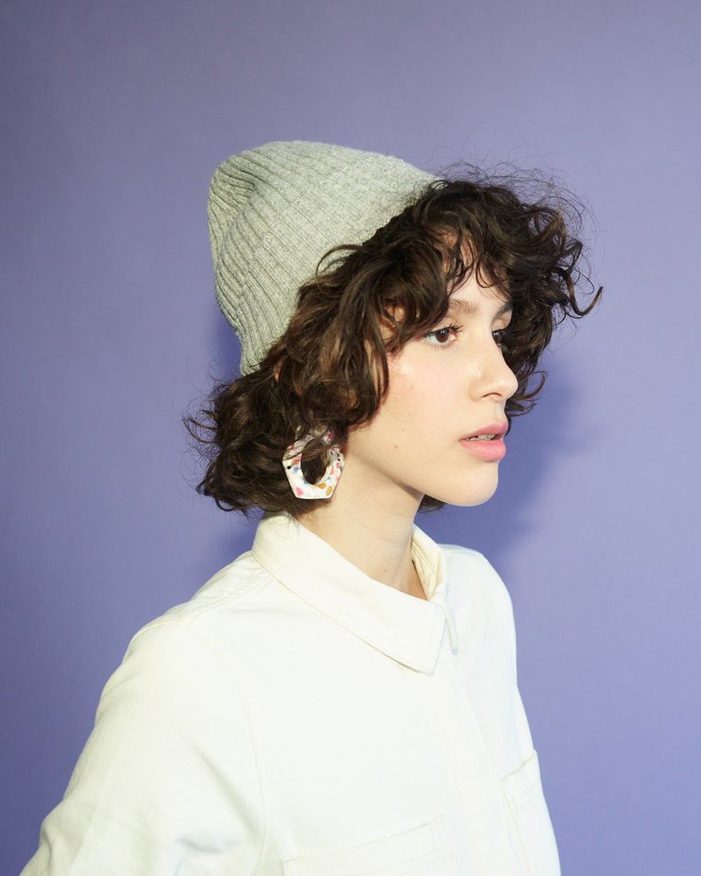Miss Pompom Grey Wool Ribbed Beanie