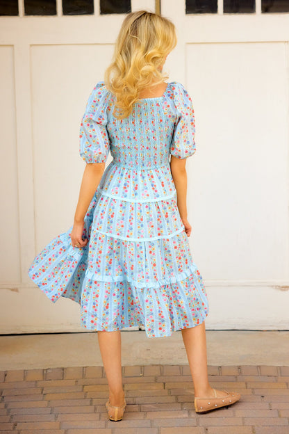 Roselyn Dress in Blue Linear Floral Print