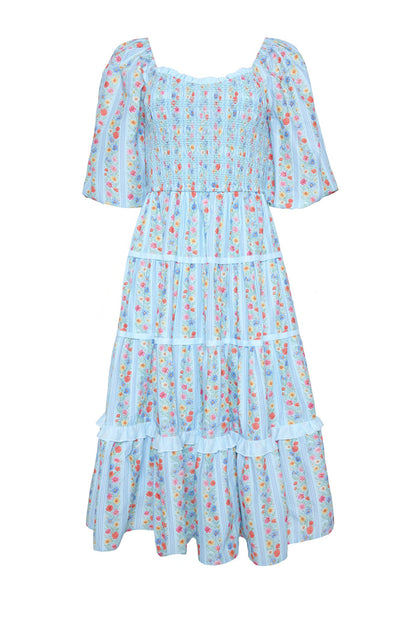 Roselyn Dress in Blue Linear Floral Print