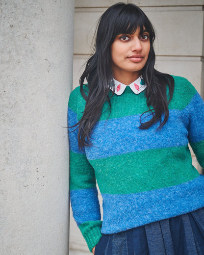 Lowie Green + Mid Blue Stripe Scottish Jumper