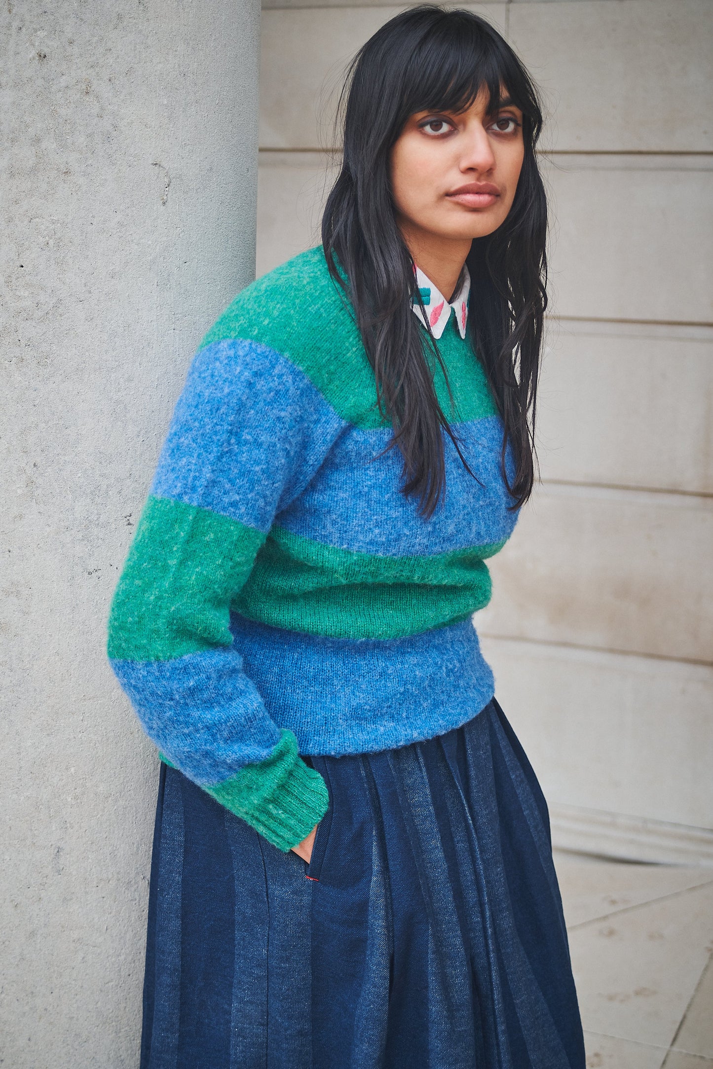 Lowie Green + Mid Blue Stripe Scottish Jumper