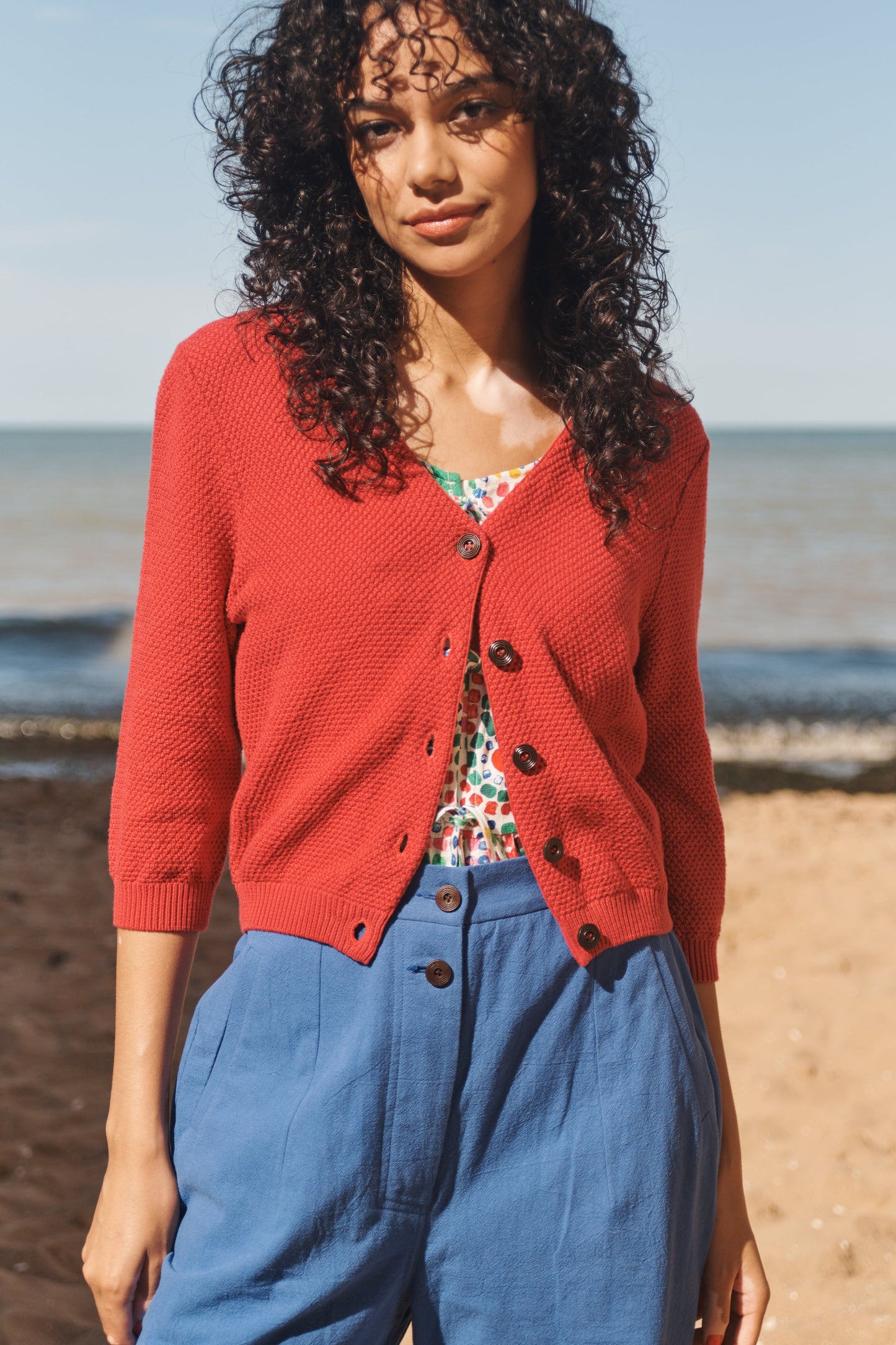 Lowie Red Cotton Waffle Knit Cardigan