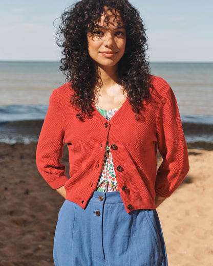 Lowie Red Cotton Waffle Knit Cardigan