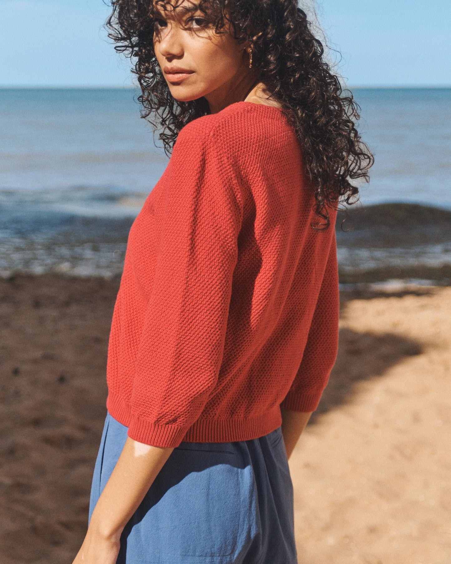Lowie Red Cotton Waffle Knit Cardigan