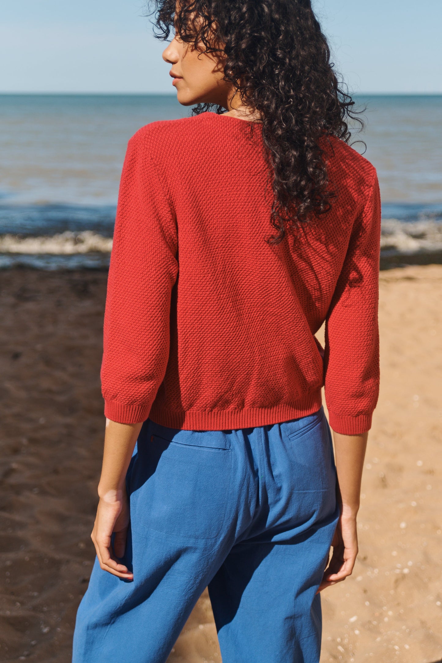 Lowie Red Cotton Waffle Knit Cardigan