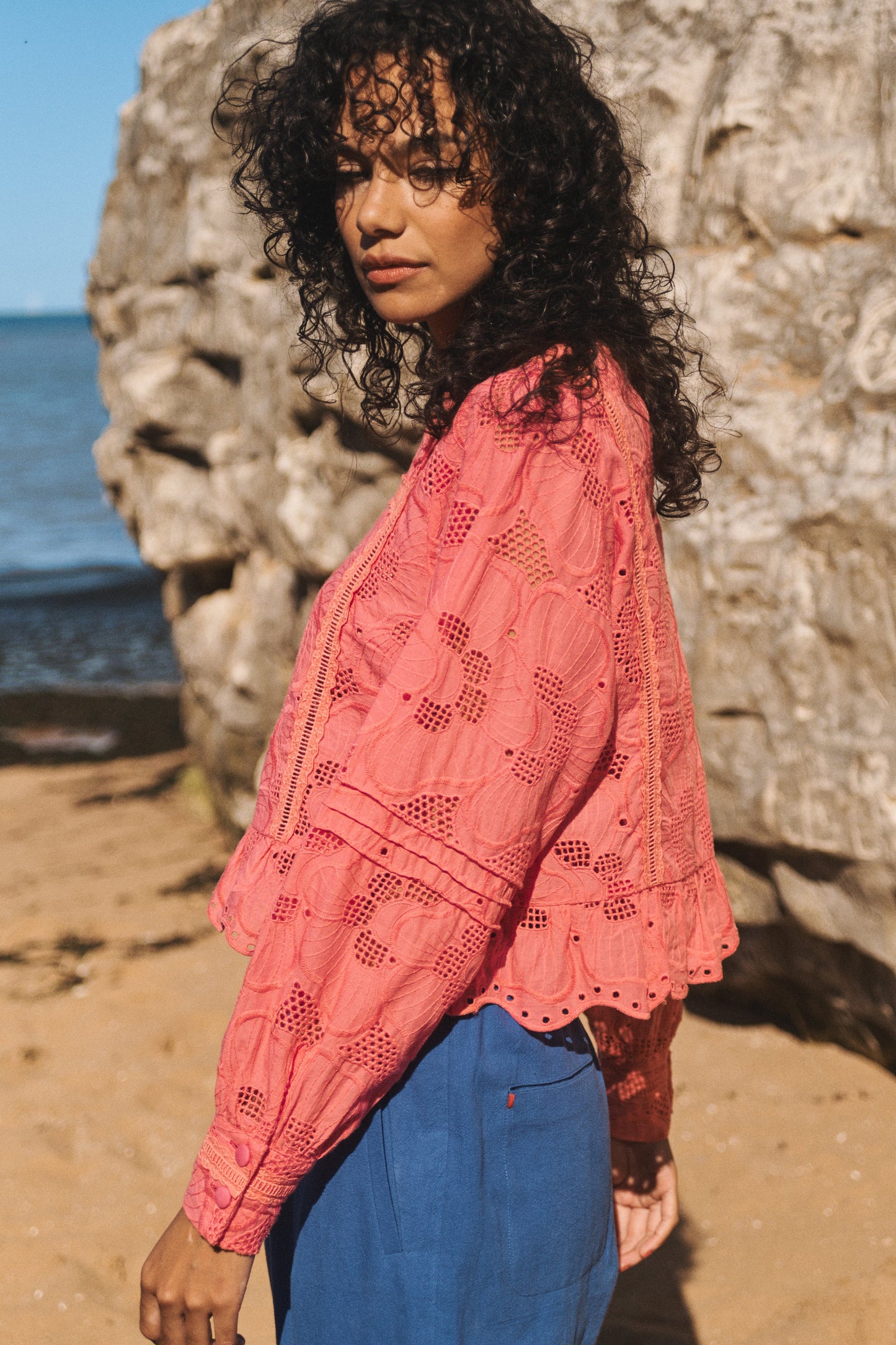 Lowie Pink Broderie Long Sleeve Blouse