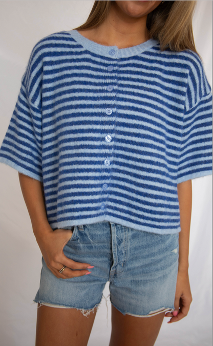 can't be without striped short sleeve cardigan - blue