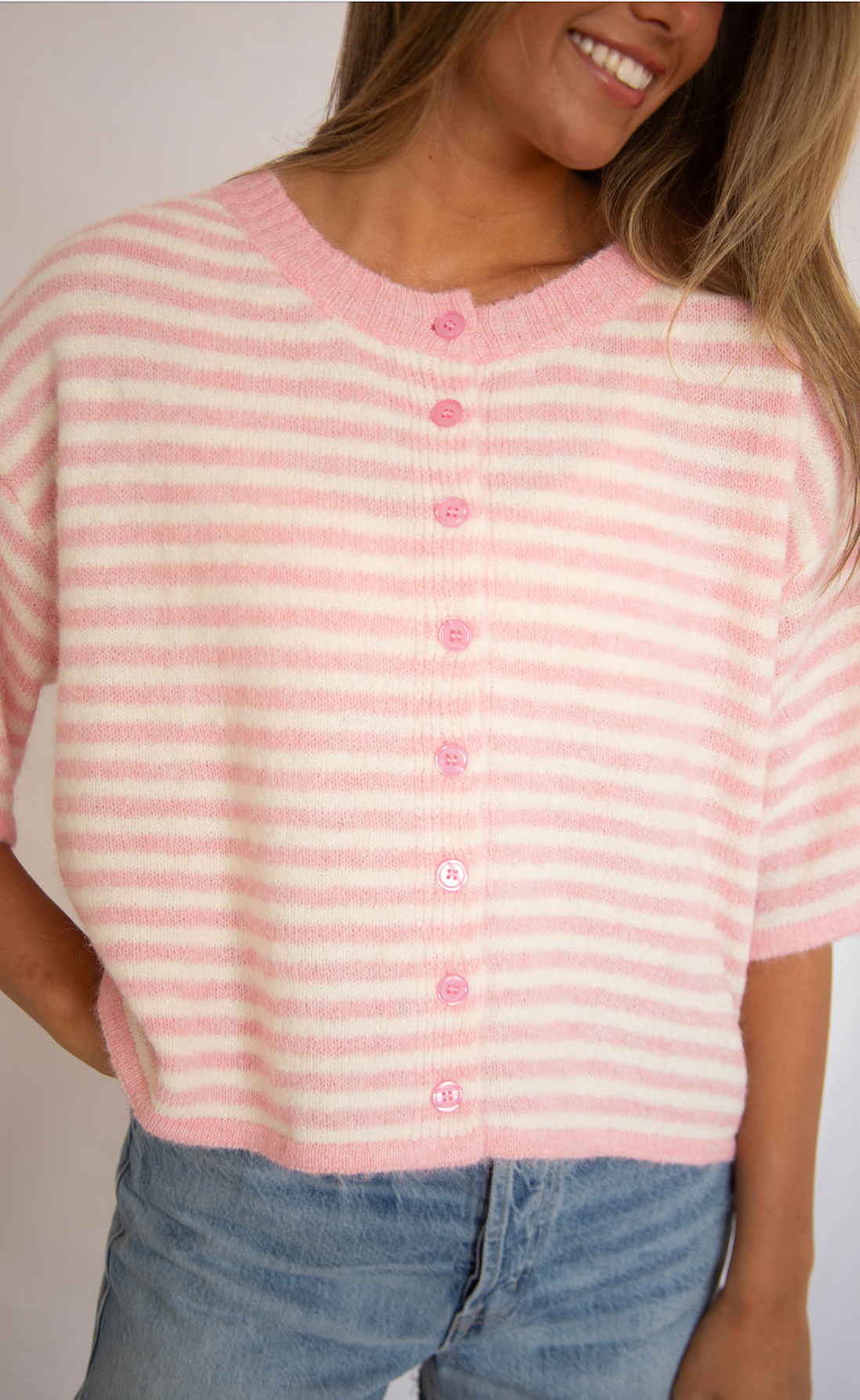 can't be without striped short sleeve cardigan - pink