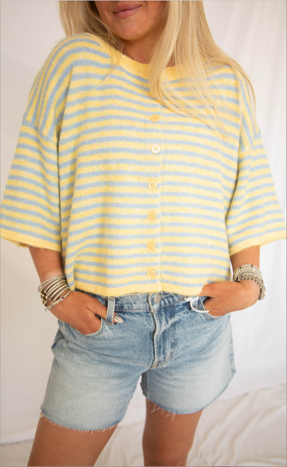 can't be without striped short sleeve cardigan - yellow blue