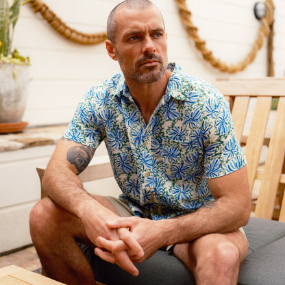 Bamboo Dobby Printed Short Sleeve Shirt - Blue Green Floral
