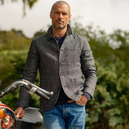 Gaudet Linen French Chore Jacket - Navy Herringbone