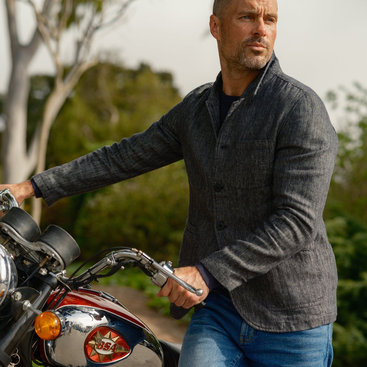 Gaudet Linen French Chore Jacket - Navy Herringbone