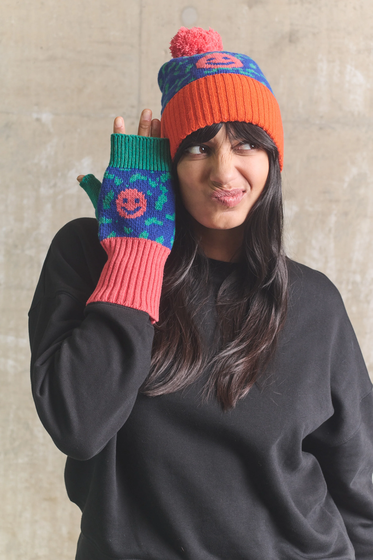 Miss PomPom Smiley Fingerless Wool Gloves