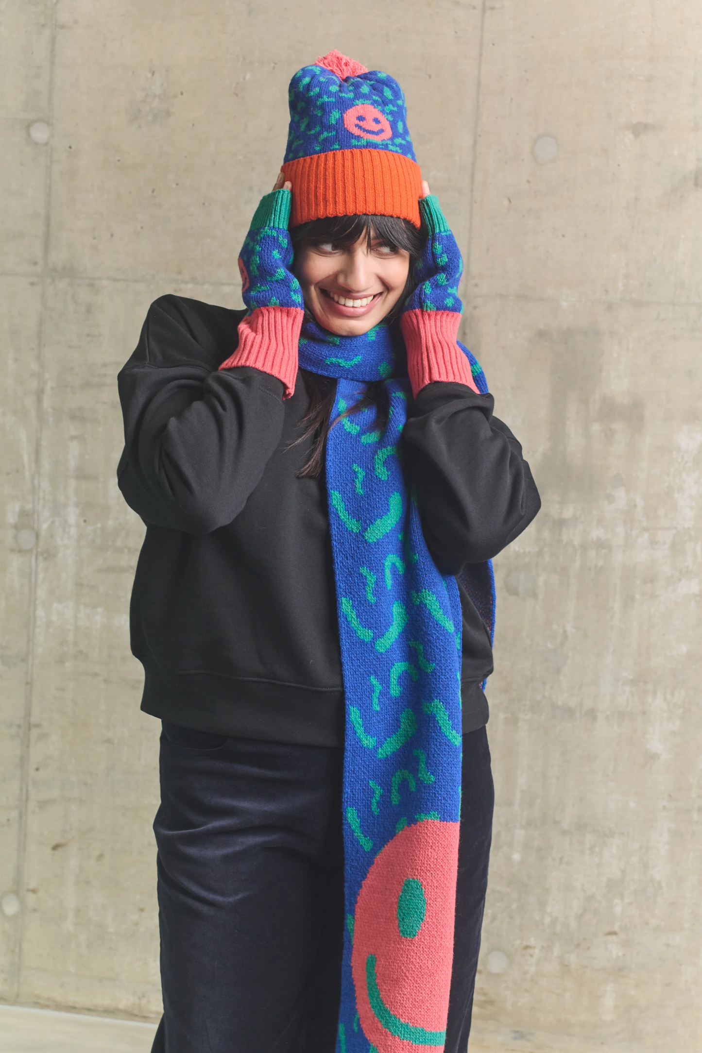 Miss PomPom Smiley Fingerless Wool Gloves