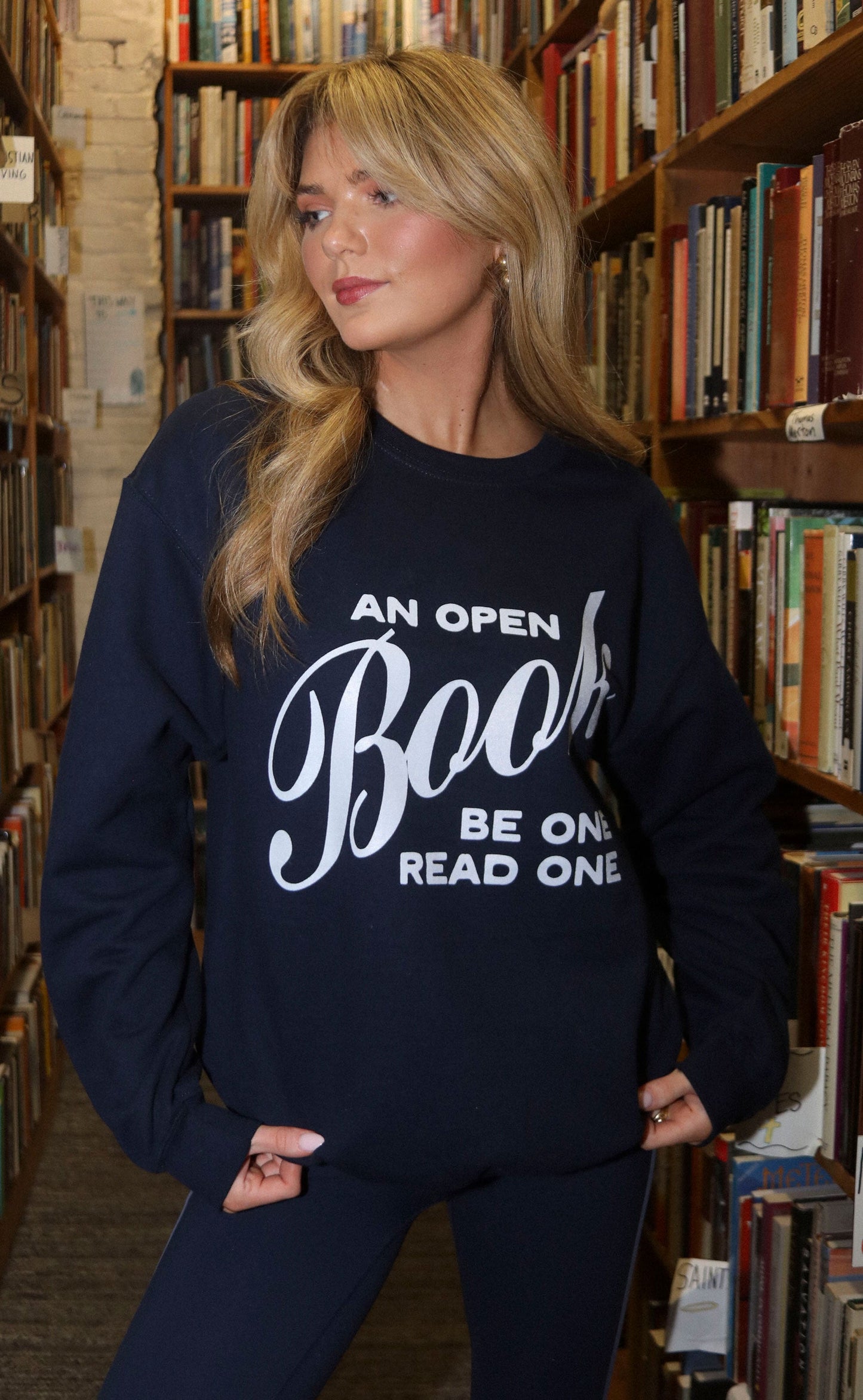 friday + saturday x jo johnson overby: open book sweatshirt