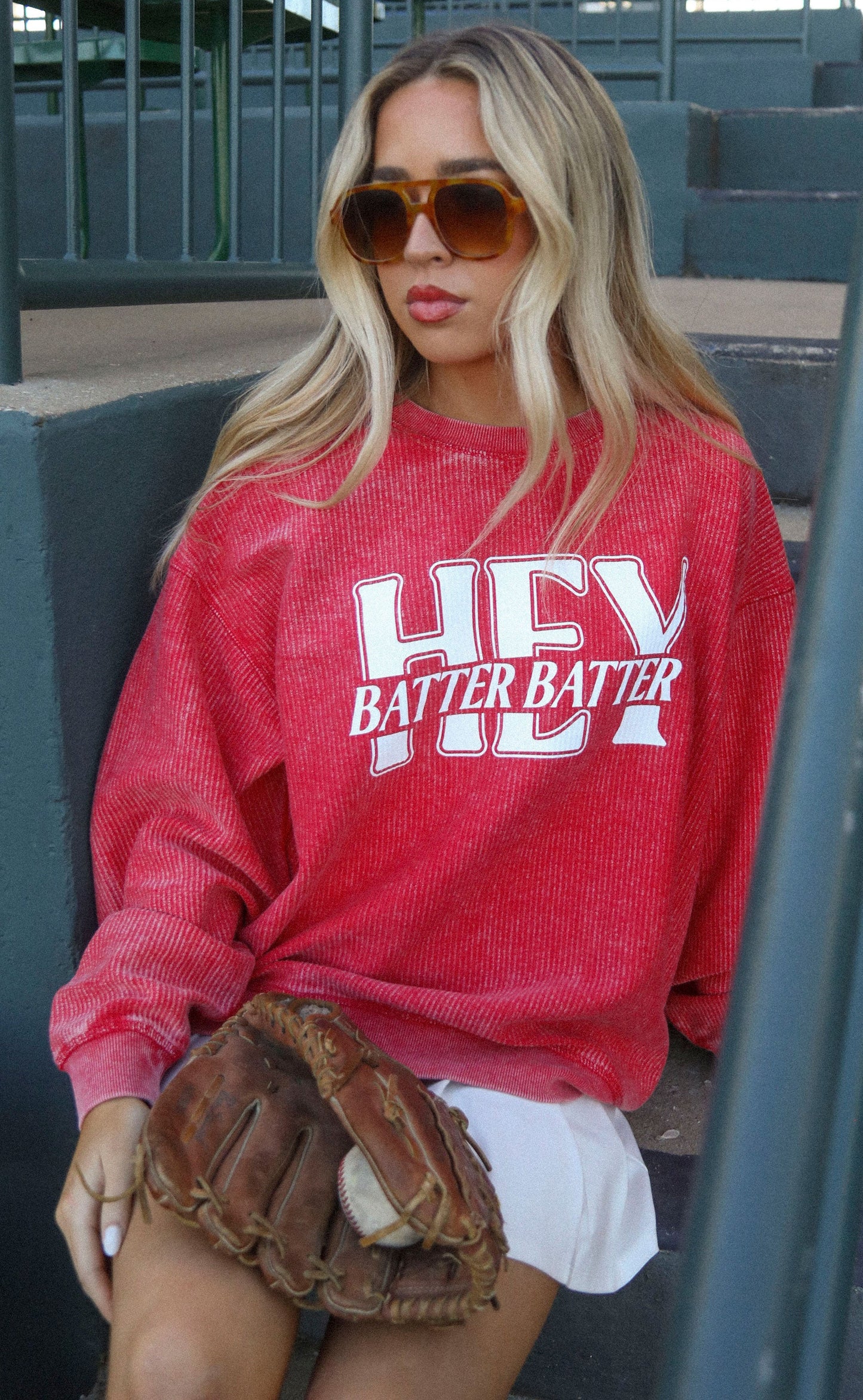 charlie southern: hey batter batter corded sweatshirt - red