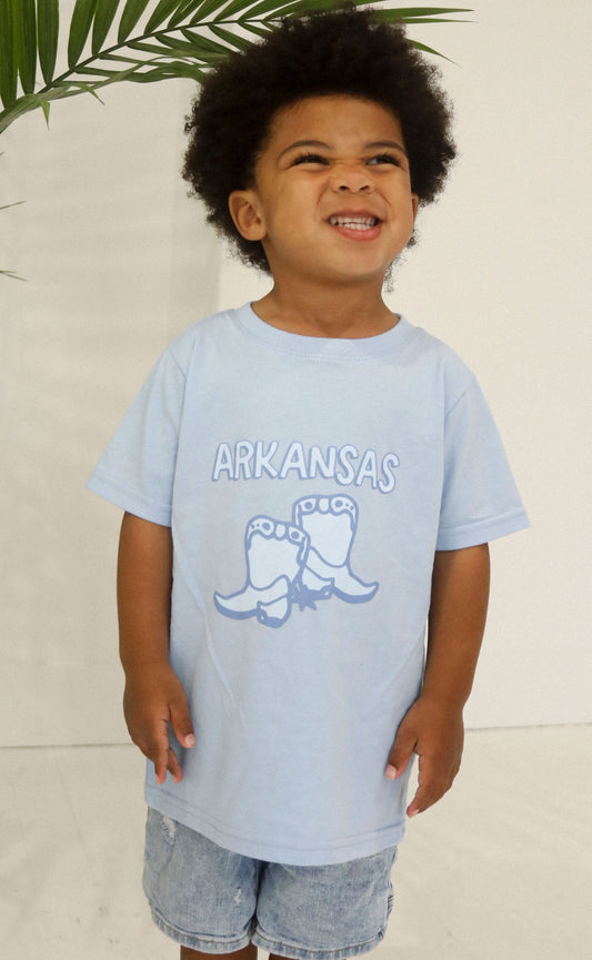 charlie southern: arkansas blue boots kids tee